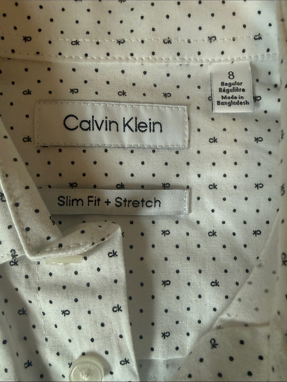 Calvin Klein White Dress Shirt with Black Microdot Pattern, Size US 8 - Picture 4 of 7